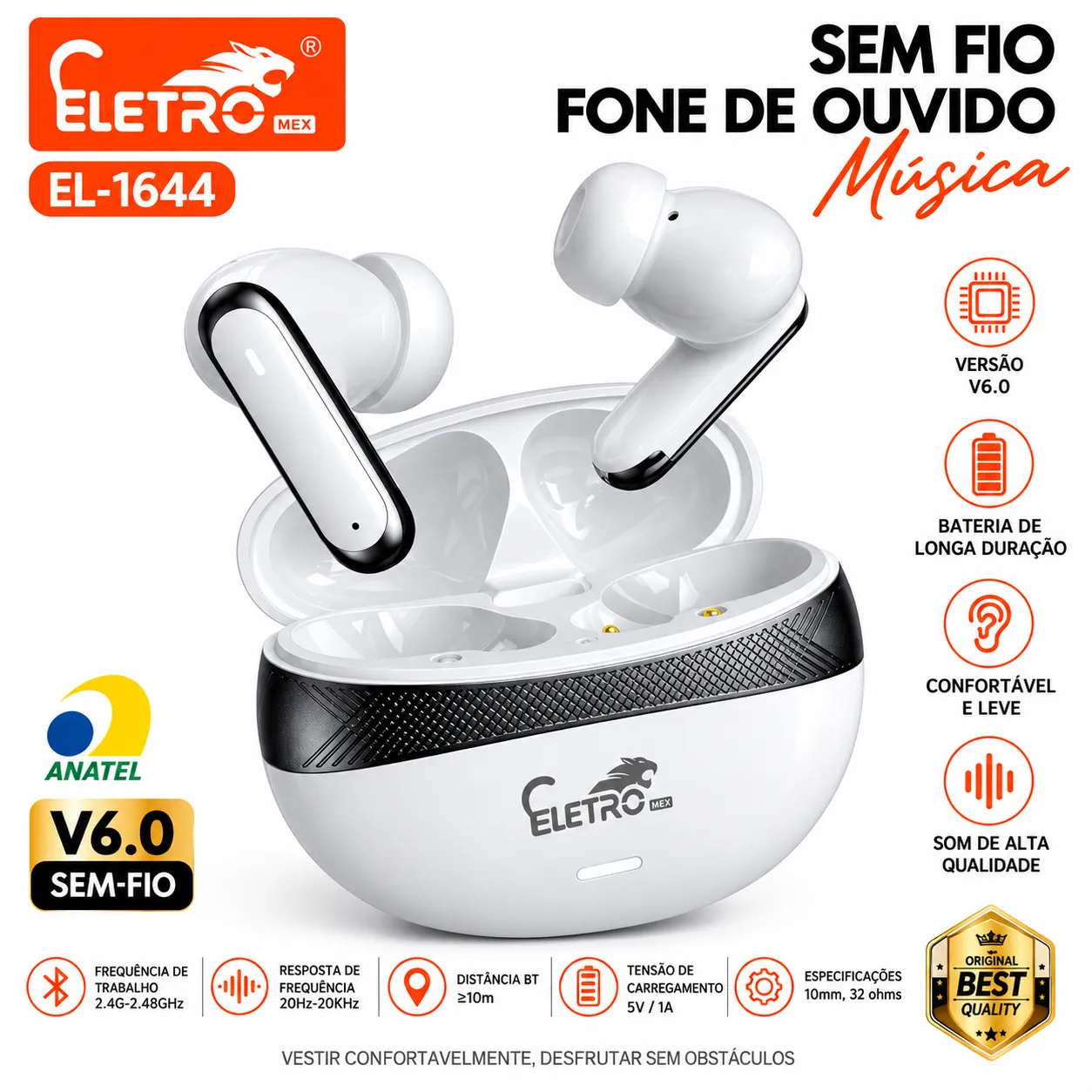 Fone de Ouvido Sem Fio V6.0 Eletromex EL-1644 - 2