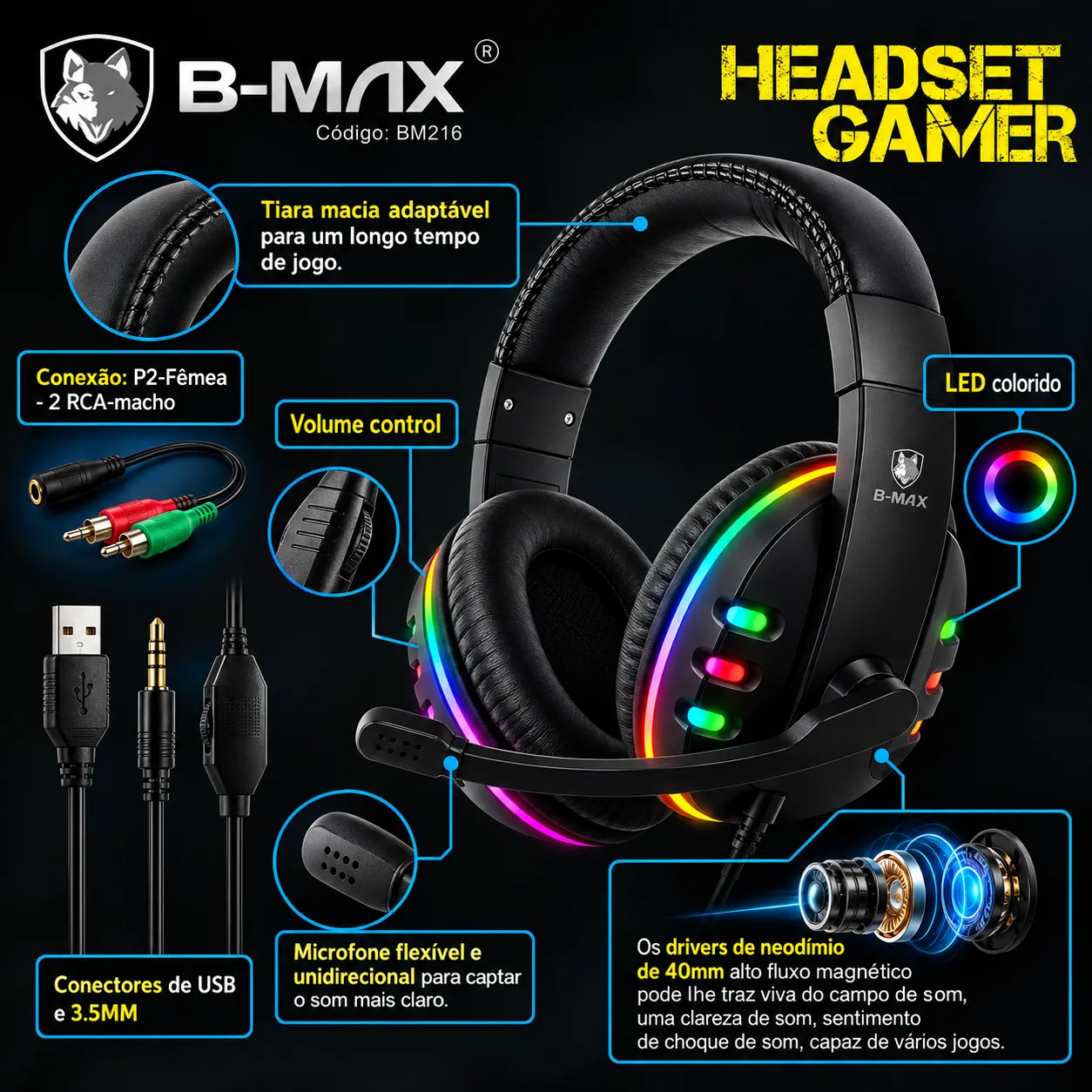 Headset Gamer LED RGB Pc Ps4 Xbox One Switch P2 B-Max BM216 - 2