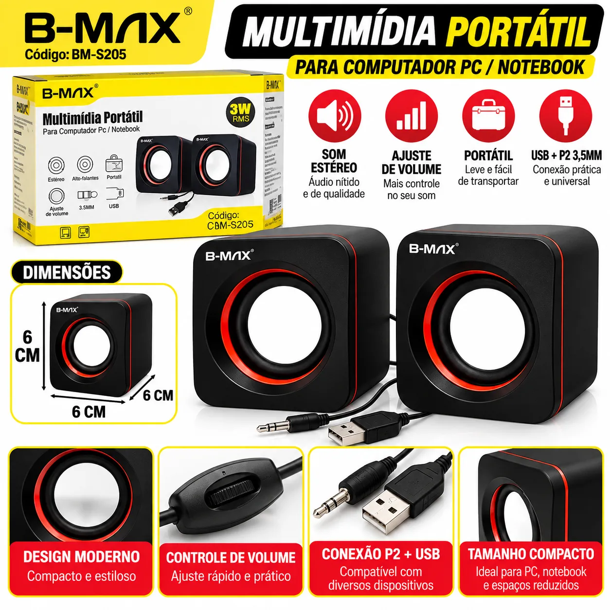 Caixa de Som Multimídia 6W RMS USB/P2 para PC e Notebook B-Max BM-S205 - 2