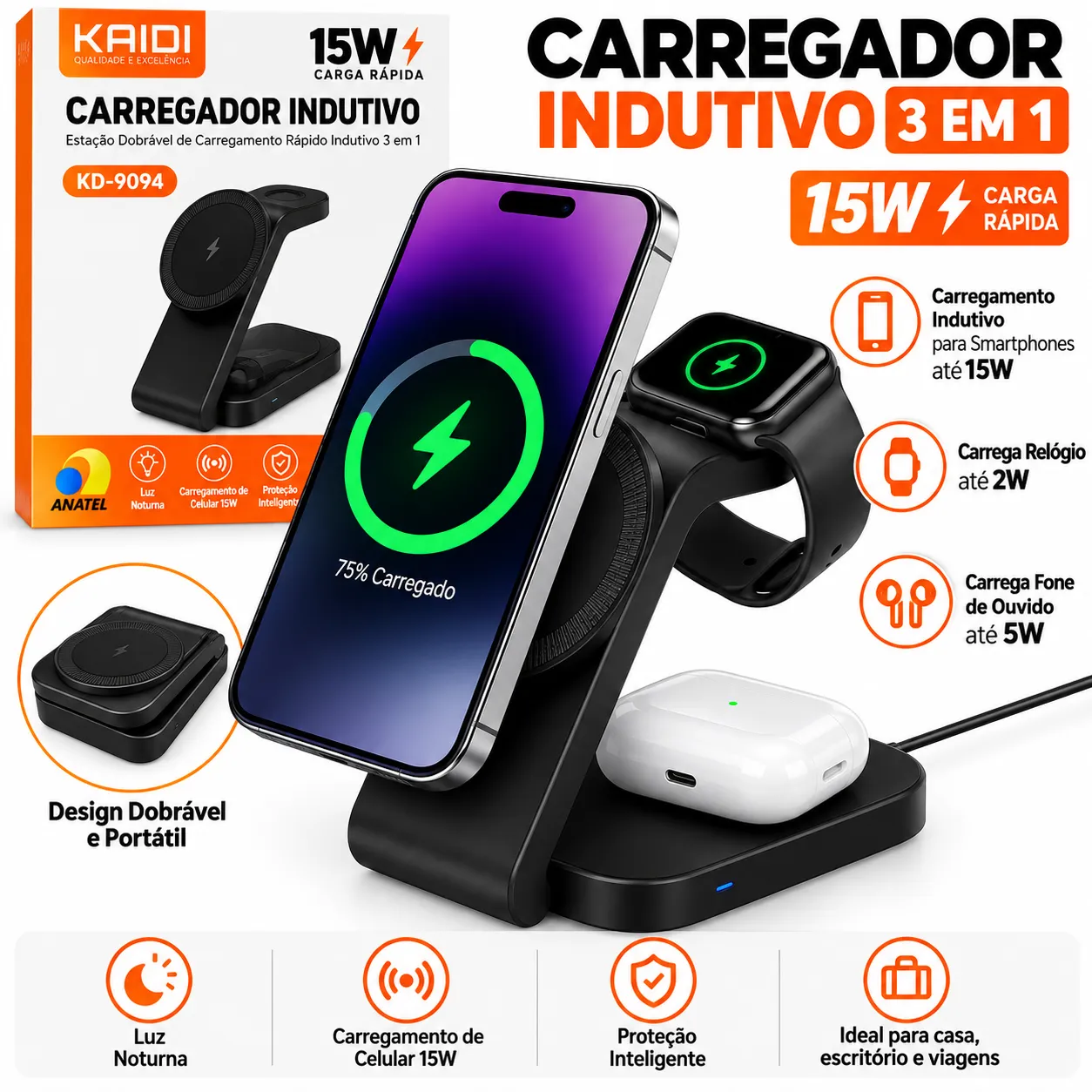Carregador Indutivo 3 em 1 Kaidi KD-9094