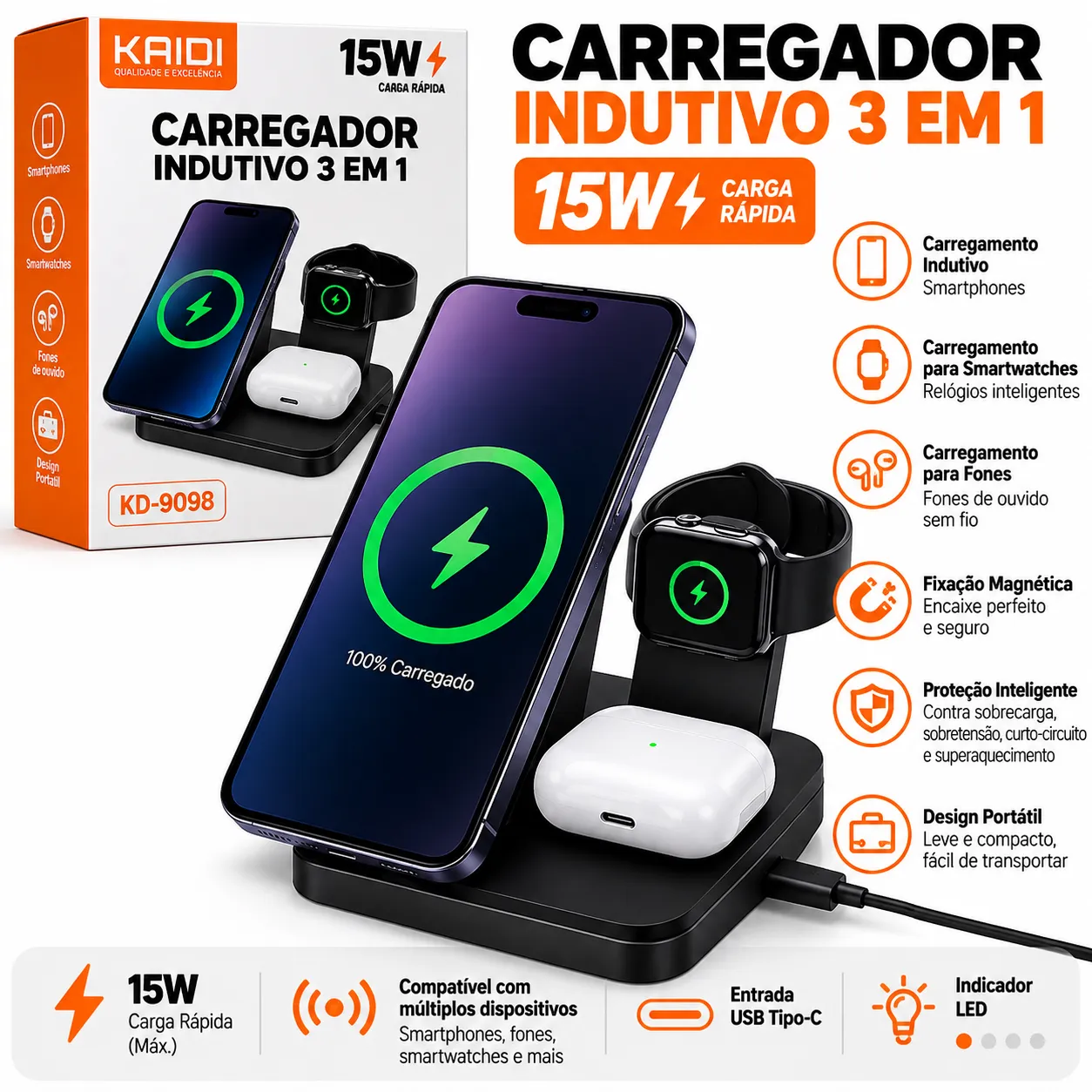 Carregador Indutivo 3 em 1 Kaidi KD-9098