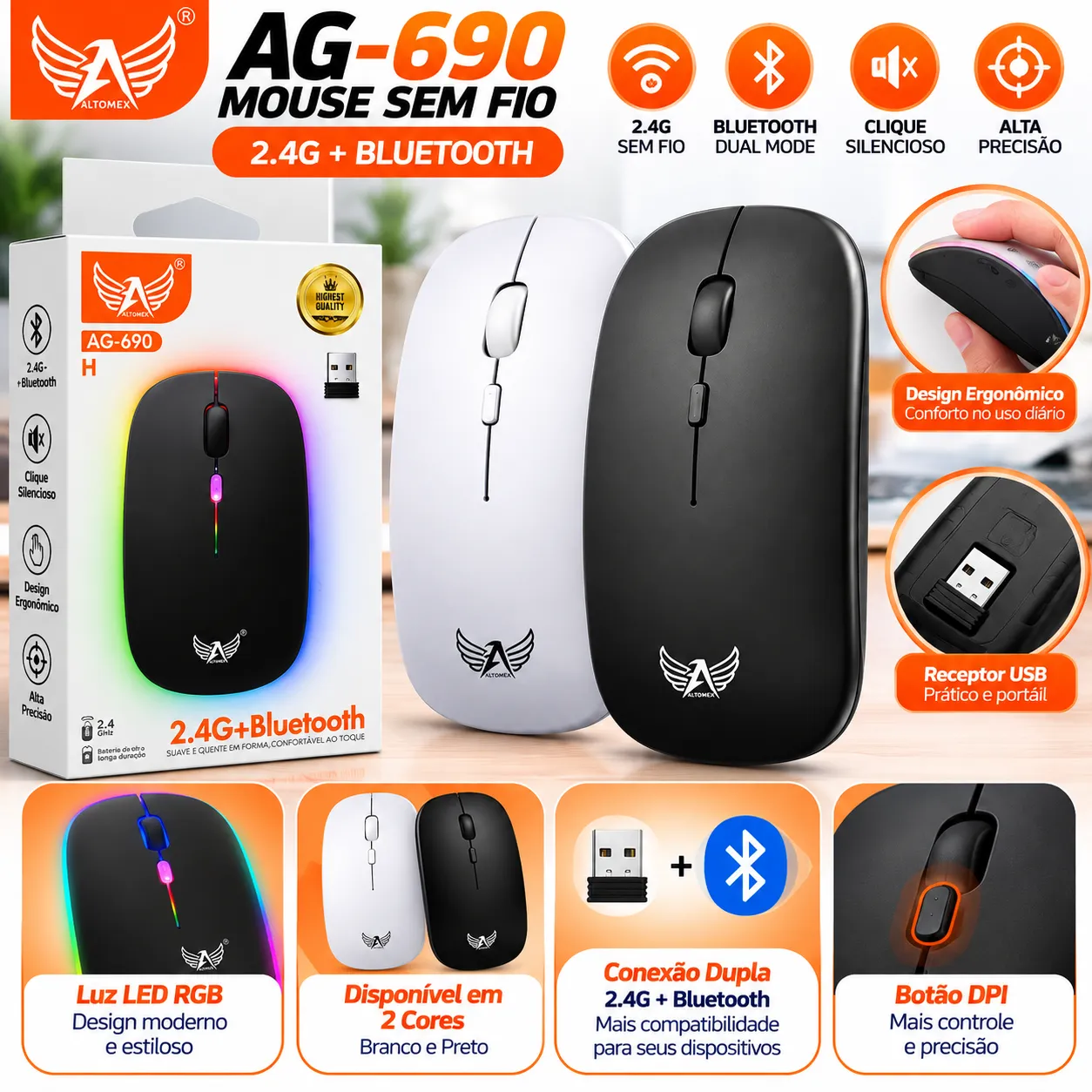 Mouse Sem Fio Bluetooth 2.4GHz Com RGB Altomex AG-690H - 2