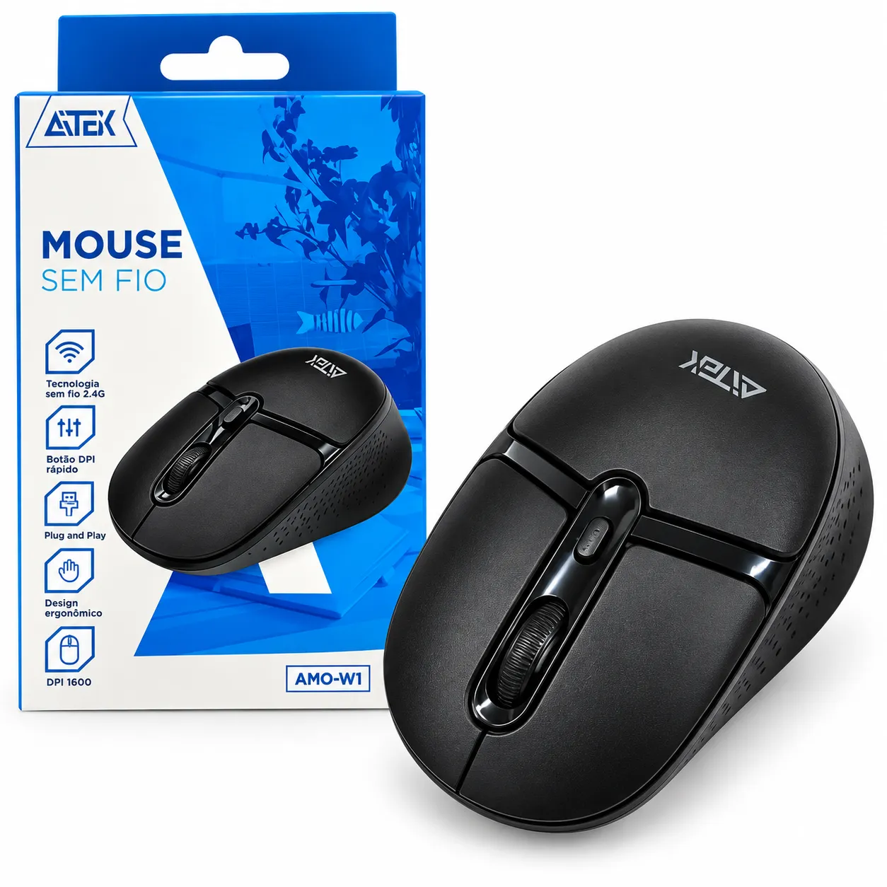 Mouse Sem Fio Recarregável 1600DPI AMO-W1