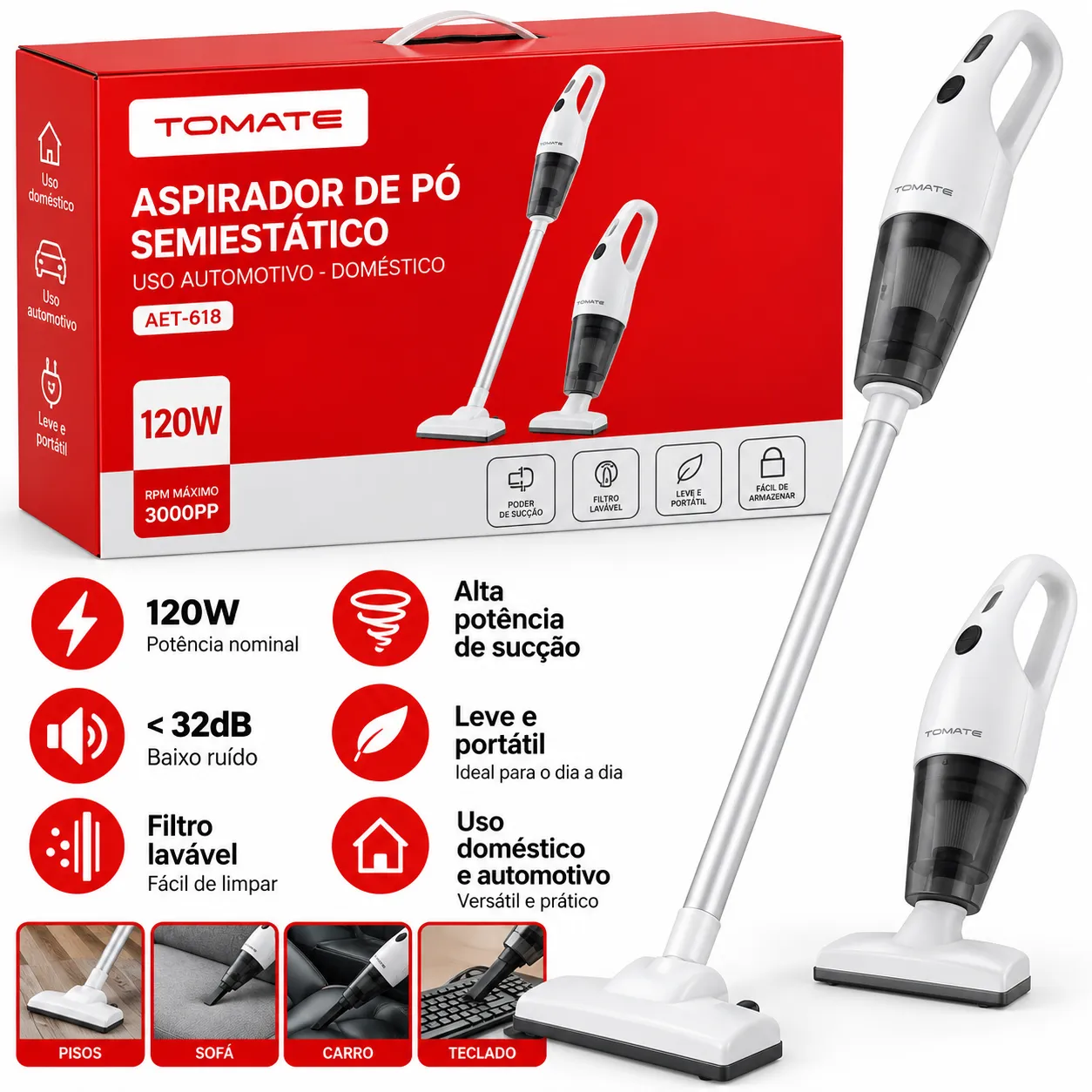 Aspirador de Pó Sem Fio Automotivo e Domestico Tomate ACT-020