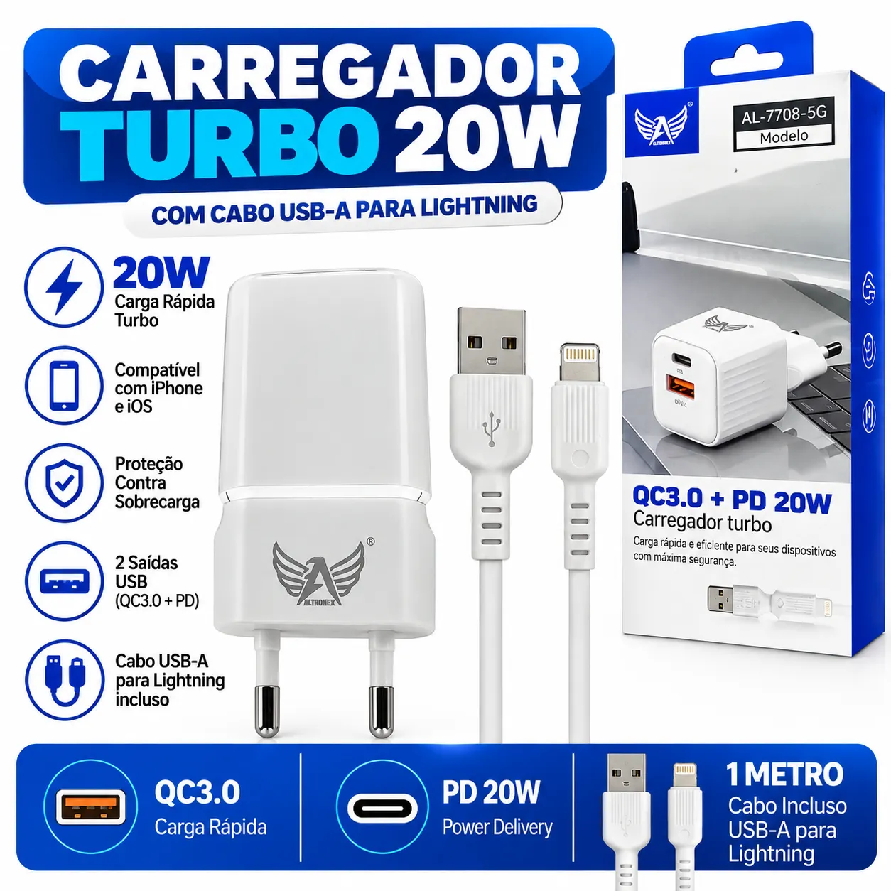 Carregador 20W USB-C E Type-C Cabo Iphone Altomex AL-7708-5G