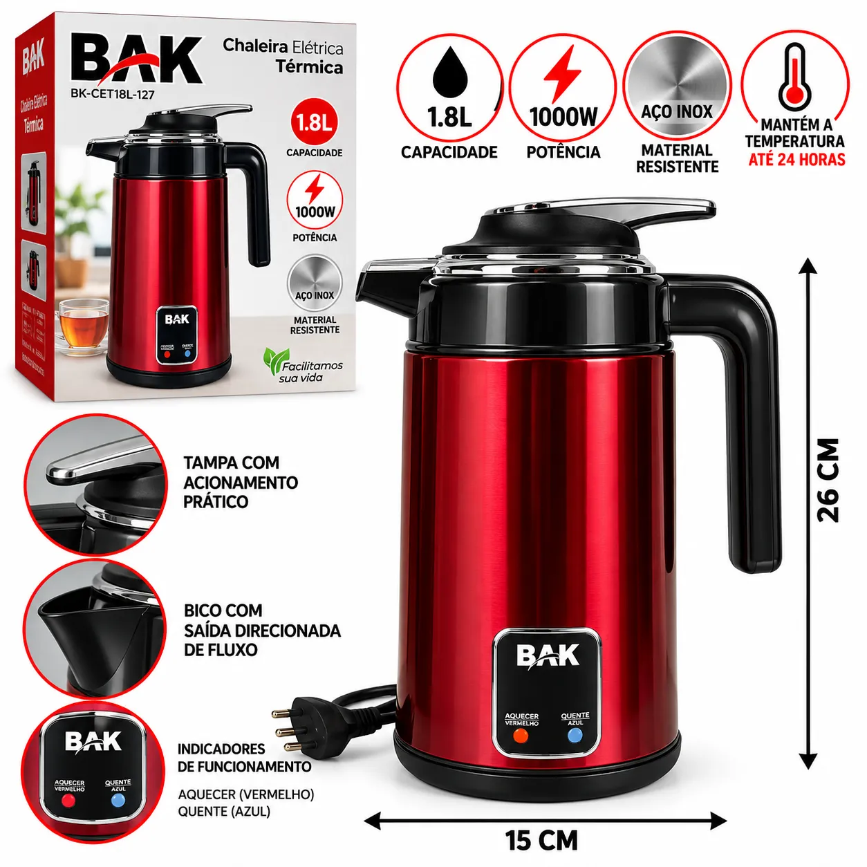 Chaleira Elétrica Térmica 1.8 Litros 1000W Bak BAK-CET18L-127