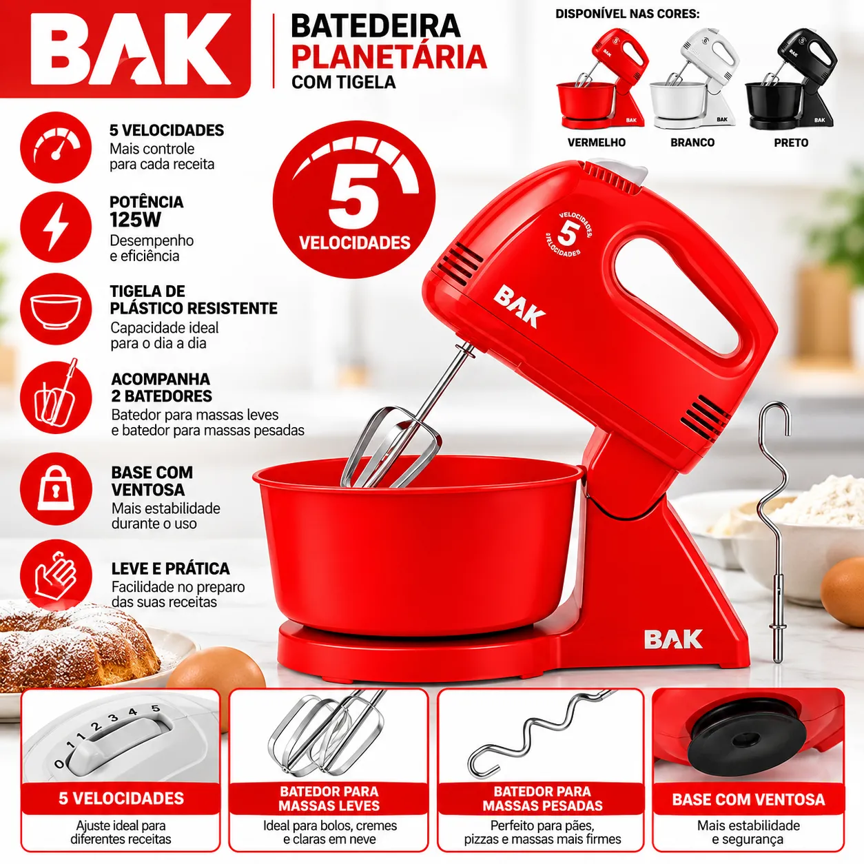 Batedeira Bak 5 Velocidades Dois Batedores 300w 127v Bak BK-BTDL-127