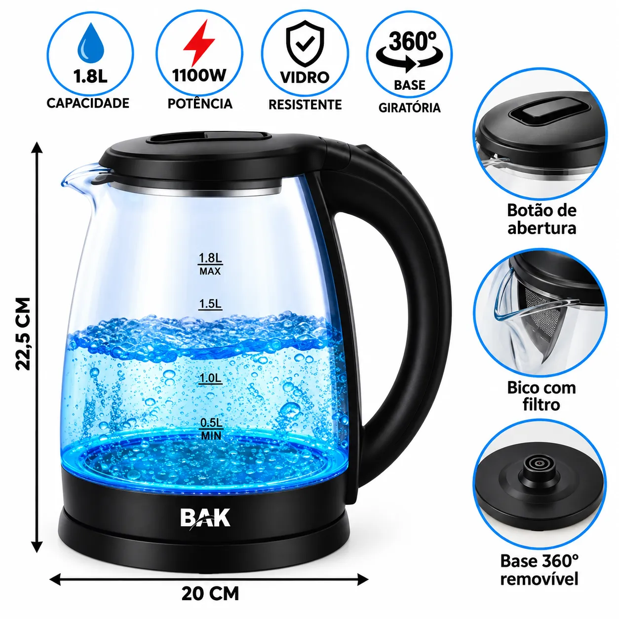 Chaleira Elétrica De Vidro 1.8 Litros 1100W Bak BK-CDV18L-127 - 2