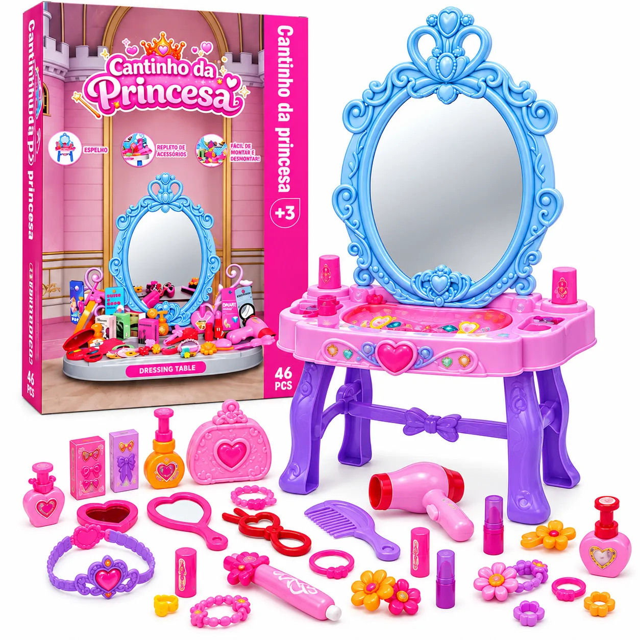 Penteadeira Infantil Cantinho da Princesa – Kit 46 Peças Toy King AB3767