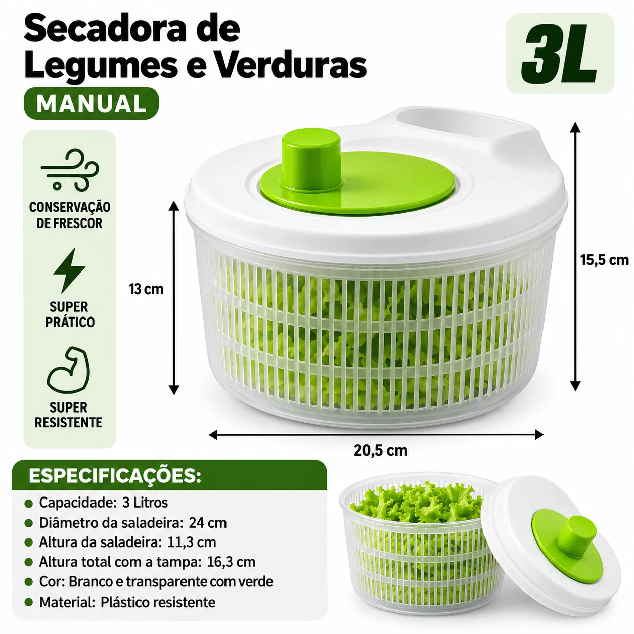 Centrífuga Manual Para Saladas 3 Litros B-Max BM-F1317 - 2