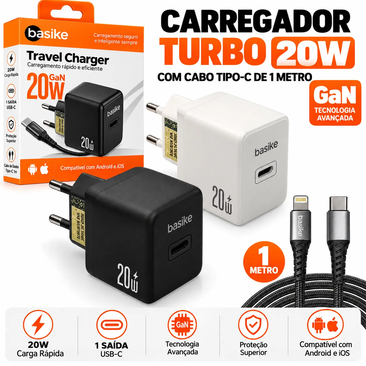 Carregador 30W GaN com Cabo Iphone Basike Ba-CAR048CL