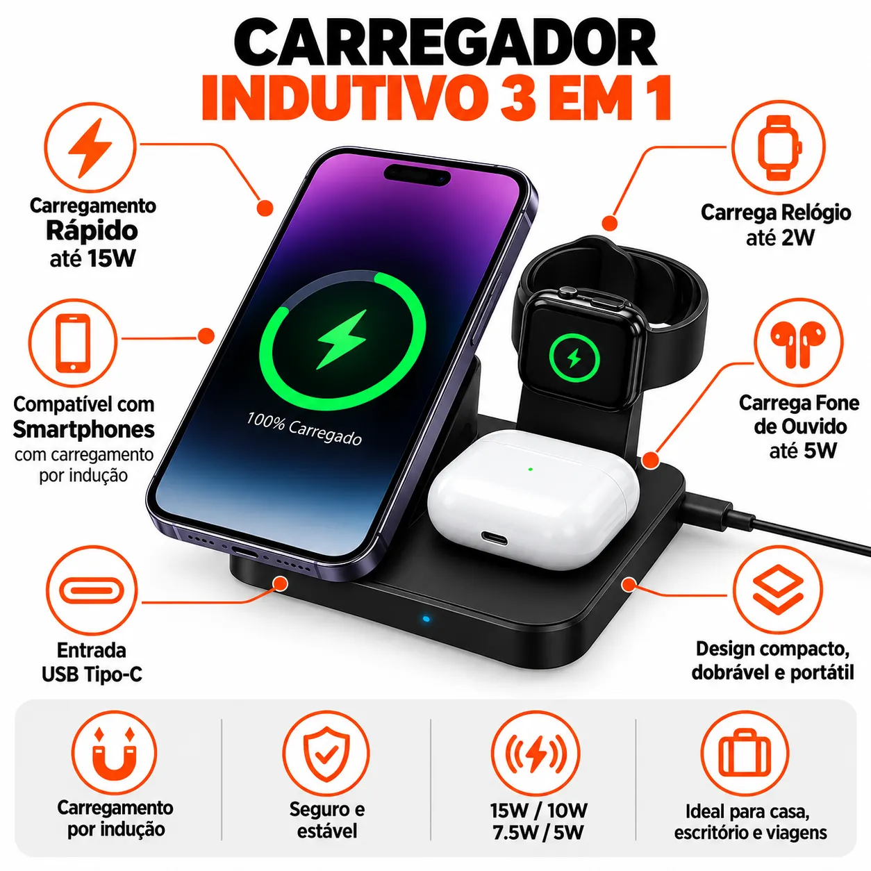 Carregador Indutivo 3 em 1 Kaidi KD-9098 - 2