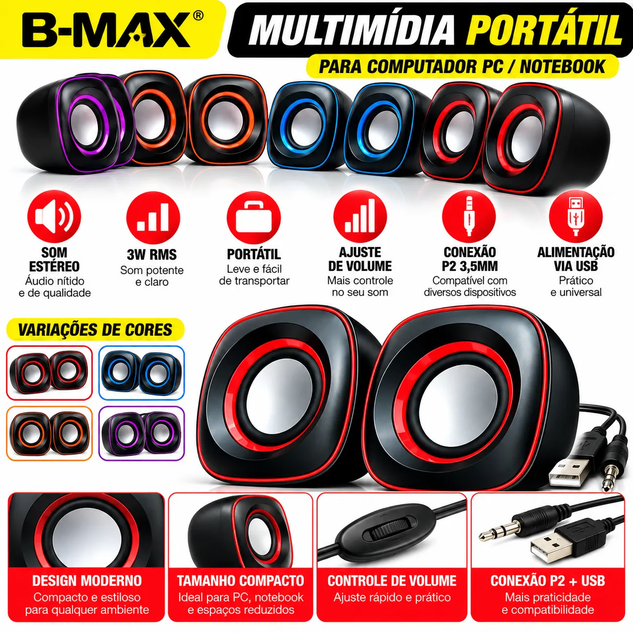 Caixa De Som Multimídia 6W B-Max BM-S211 - 2