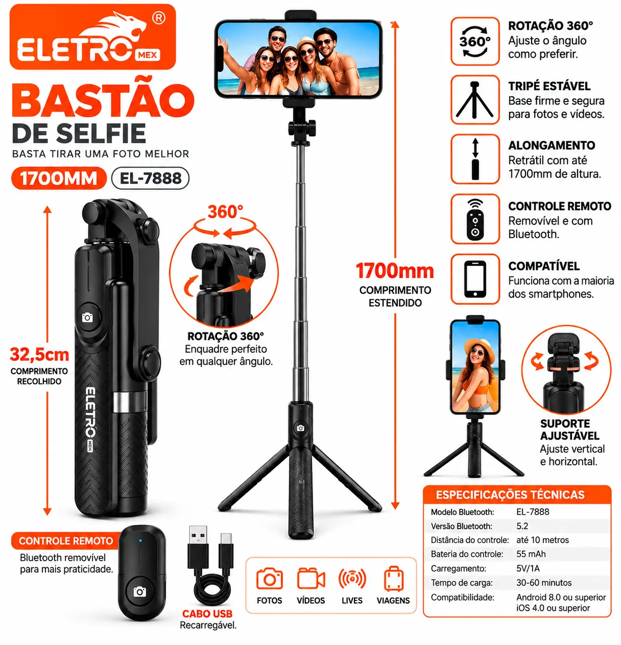 Bastão De Selfie Com Tripé Bluetooth e Iluminador 1,70 Metros Eletromex EL-7999 - 2
