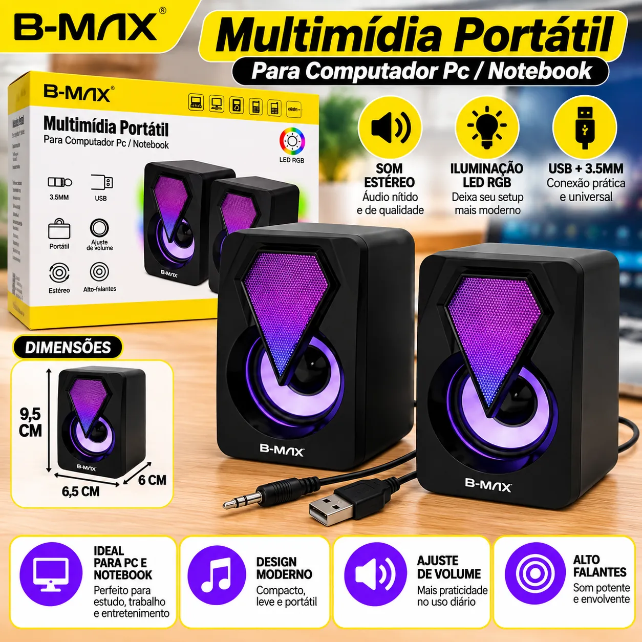 Caixa de Som Multimídia RGB USB/P2 para PC e Notebook B-Max BM-S207