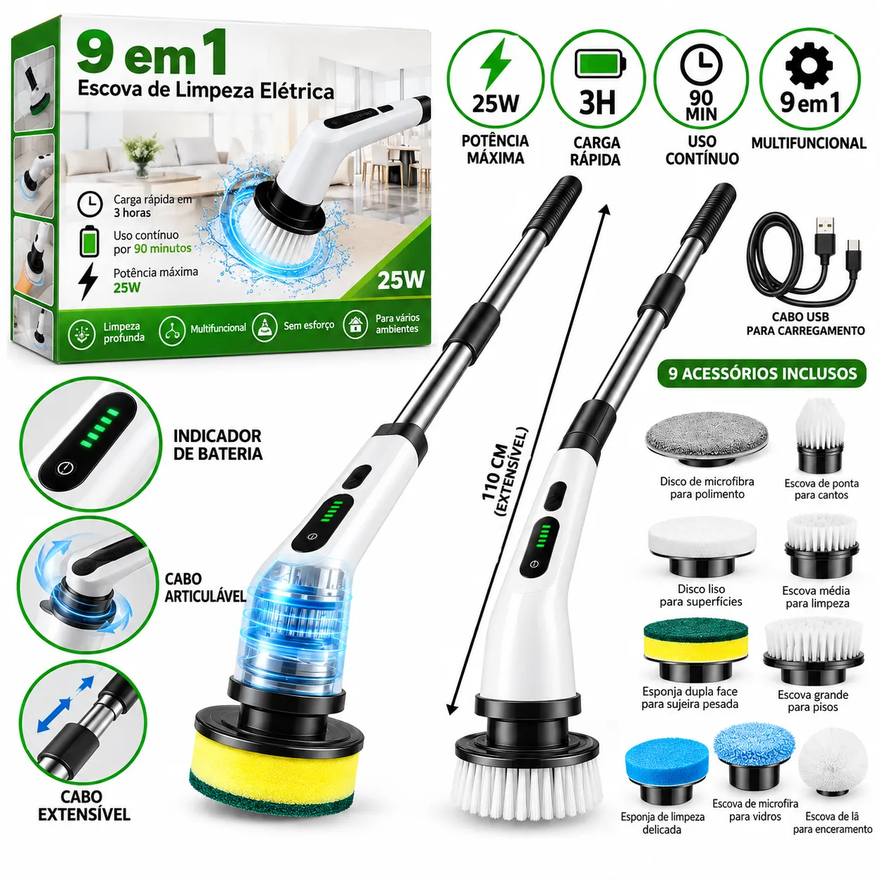 Escova de Limpeza Elétrica 9 em 1 Sem Fio 25W HA-QJS-9-1